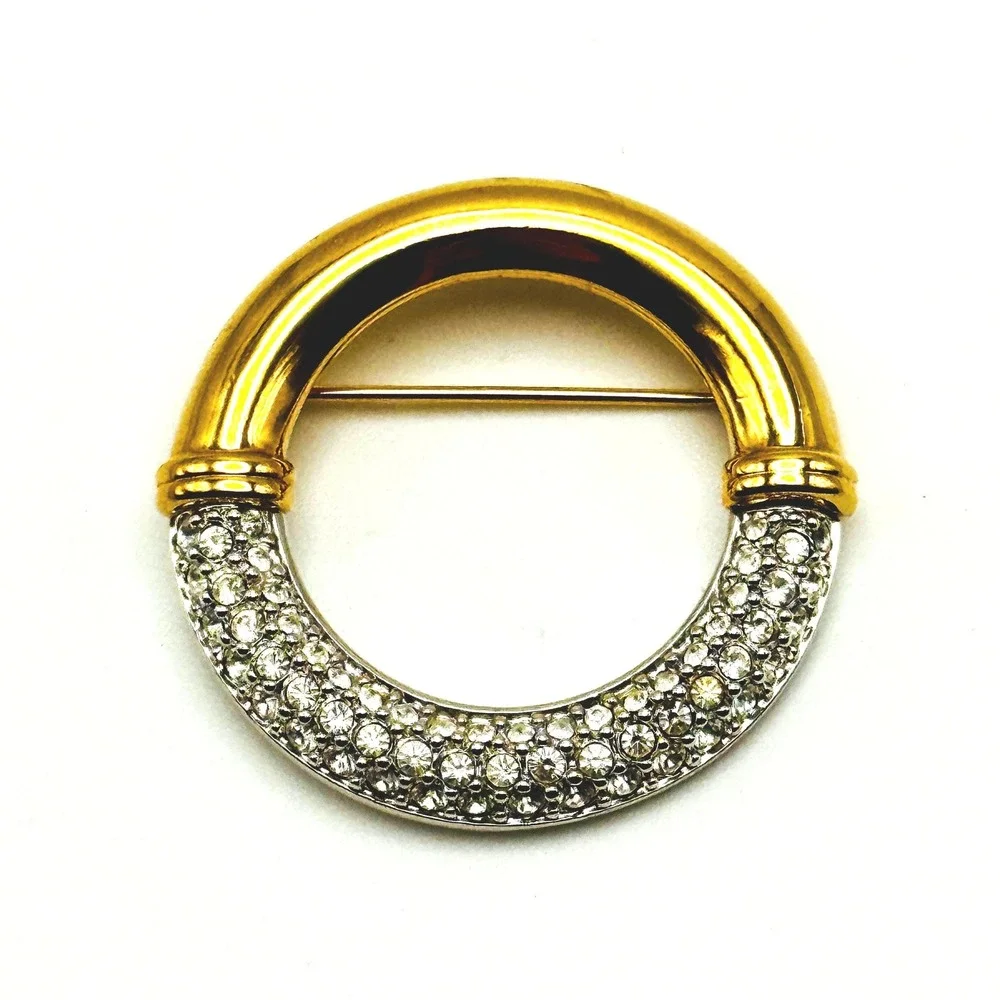 Swarovski Two Tone Pave Crystal Circle Brooch Gold Silver Tone Swan Logo Pin